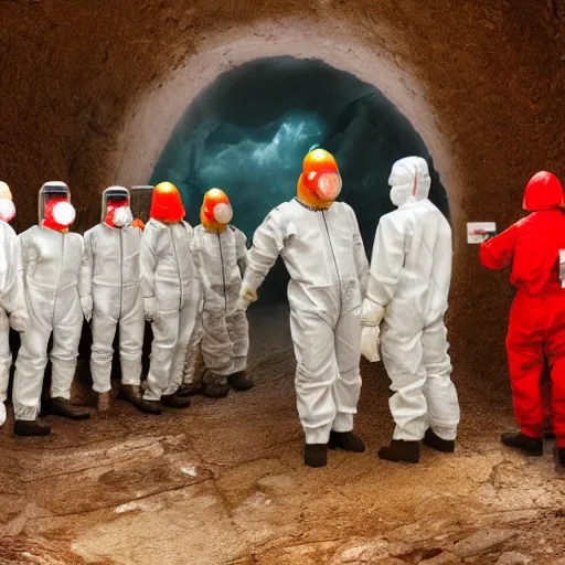 Image similar to wide - shot photo of a group of scientists in hazmat suits, studying a hell open rift portal, by shaun tan, codachrome, hellish, unsettling, otherworldly, blood, machines, 8 k, hd, highly detailed,