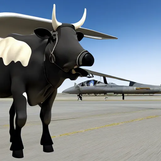 Image similar to a highly detailed ultra realistic photograph of a cow dressed in a fighter jet jumpsuit and mask