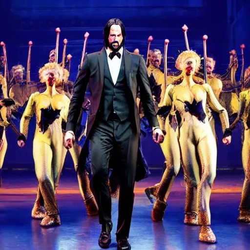 Image similar to Production photo of John Wick the musical on broadway, dancing, singing, fighting, John Wick costumes by Julie Taymor, set design by Julie Taymor