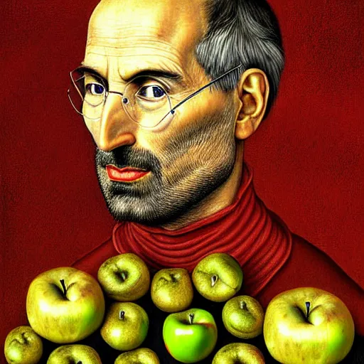 Prompt: giuseppe arcimboldo, steve jobs, face shape composed from many small apples, red apples, green apples, yellow apples, leaves, branches, detailed photograph, intricate portrait design