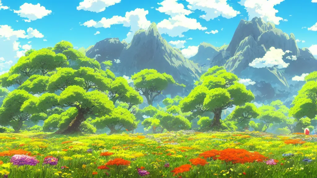 Image similar to fantastic anime sunny meadow with flowers, lone old Oak in the middle plane and mountains on the background, by Hayao Miyazaki, nausicaa of the valley of the wind, studio Ghibli style, Anime wallpaper, stunning