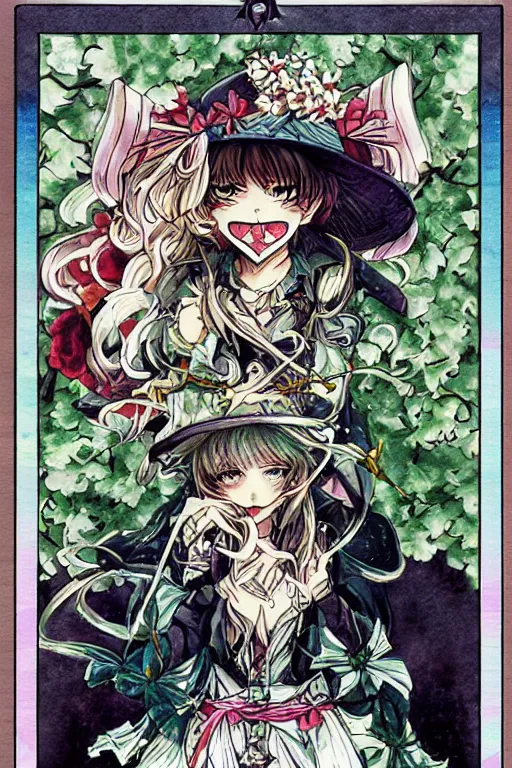 Image similar to marisa kirisame, touhou project, official artwork, intricate, amazing line work, colorful, tarot cards, the devil tarot card