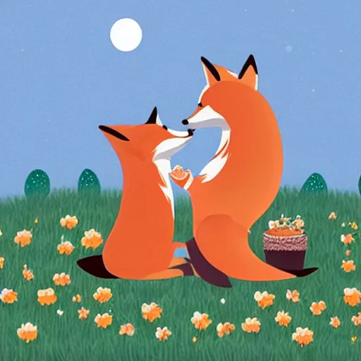 Prompt: an e-girl and a fox sitting in a field eating peaches under the moonlight