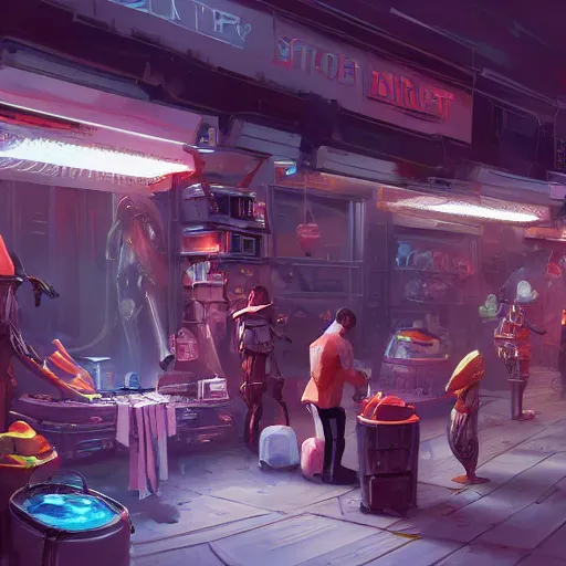 Image similar to alien market with alien vendors and shops, concept art, cinematic lighting, digital painting, artstation, cgsociety, Wayne Haag