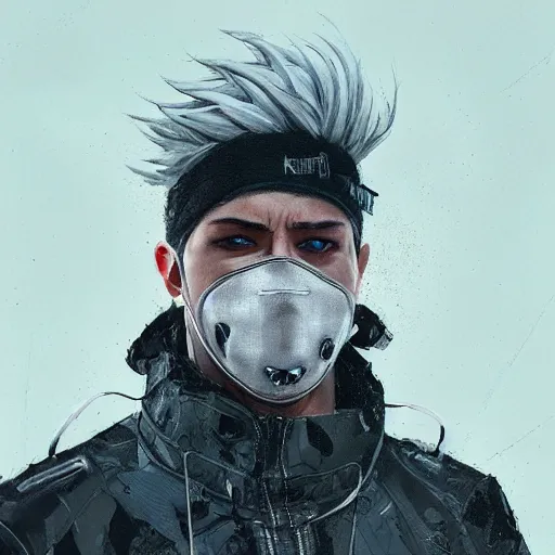 Image similar to very cool man grey hair with piercing, face mask, streetwear, techwear, cyberpunk style outfit, full body, nose piercing, detailed portrait, intricate complexity, by greg rutkowski, cushart krentz, artgerm, ross tran, conrad roset, takato yomamoto, ilya kuvshinov. 4 k, beautiful, cinematic dramatic atmosphere