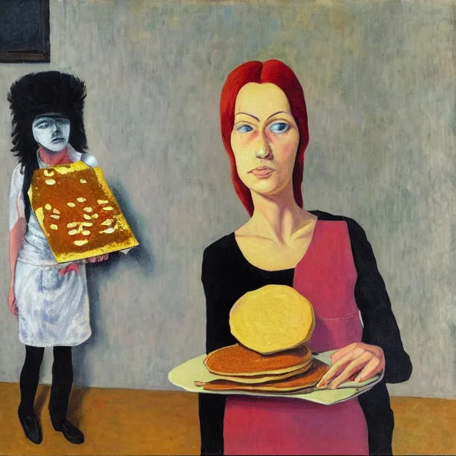 Image similar to tall emo female artist holding an artist's palette, pancakes, in chippendale sydney, gold bars, maple syrup, snails, berries, pigs, octopus, broomstick, acrylic on canvas, surrealist, by magritte and monet