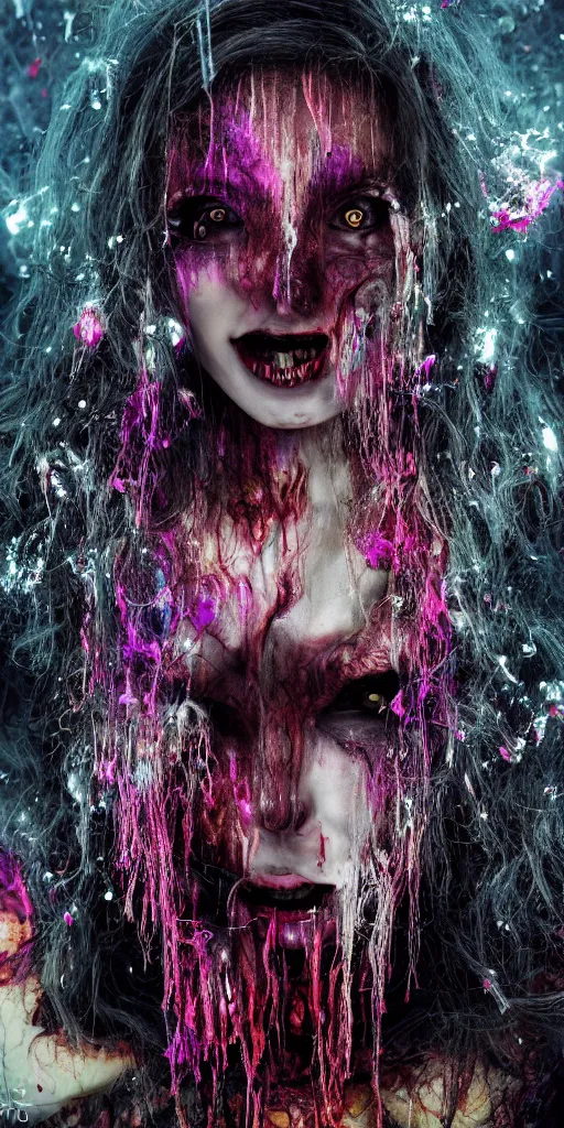 Image similar to impossibly beautiful vampire with large vampire fangs, full body, intricate complexity, horror, psychedelic glitch art, rainbow drip paint, trending on art station, photoreal, 8k, octane render