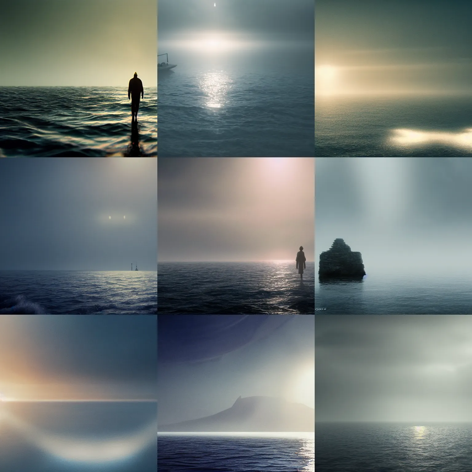 Prompt: 3 three on the sea, hazy, foggy, atmospheric perspective, volumetric fog, cinematic, 35mm lens, anamorphic lens flare, photographic, octane render, cinematography by roger deakins, in the style of ansel adams, low details,