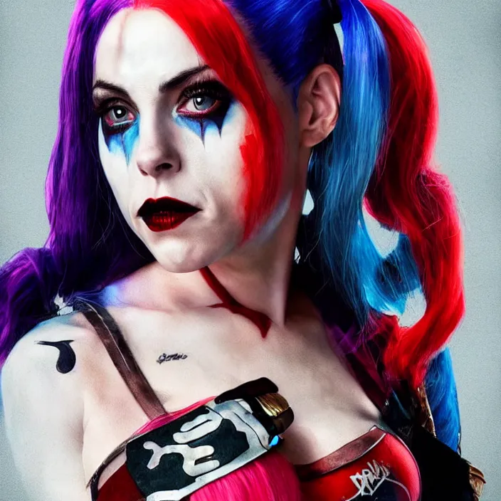 Image similar to portrait of Melanie C as a harley quinn in Suicide Squad. intricate artwork, octane render, trending on artstation, very coherent symmetrical artwork. cinematic, hyper realism, high detail, octane render, 8k