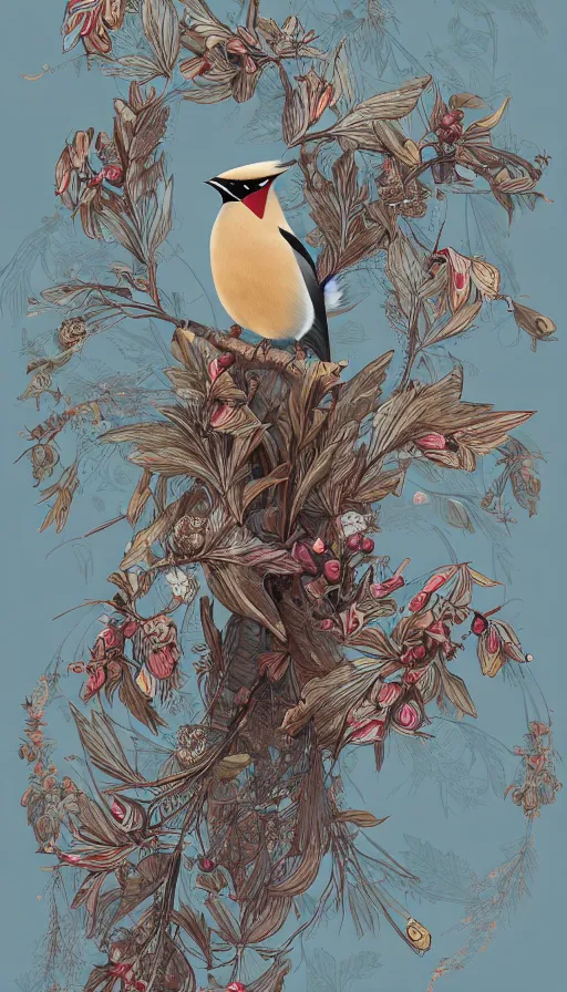 Image similar to ethereal bohemian waxwing bird, bombycilla garrulus + intricate details, ornate, detailed illustration, octane render + johanna rupprecht style, william morris style + trending on artstation.