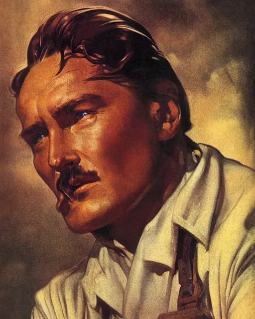 Image similar to Errol Flynn as a scientist. 1980s dystopian Soviet Russia, propaganda screens. Fantasy art by Greg Rutkowski, Gustave Courbet, Rosa Bonheur, Edward Hopper, Ilya Yefimovich Repin, Jean-François Millet, Andrew Newell Wyeth. Faithfully depicted facial expression, perfect anatomy global illumination, radiant light, detailed and intricate environment