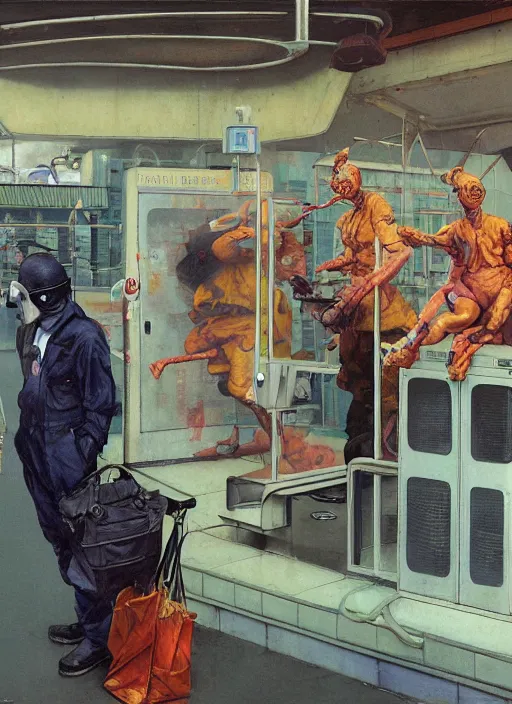 Prompt: realistic detailed image of figures at a gas station with large oxygen tanks and gas masks in the style of Francis Bacon, Surreal, Norman Rockwell and James Jean, Greg Hildebrandt, and Mark Brooks, triadic color scheme, By Greg Rutkowski, in the style of Francis Bacon and Syd Mead and Edward Hopper and Norman Rockwell and Beksinski, open ceiling, highly detailed, painted by Francis Bacon, painted by James Gilleard, surrealism, airbrush, Ilya Kuvshinov, WLOP, Stanley Artgerm, very coherent, art by Takato Yamamoto and James Jean