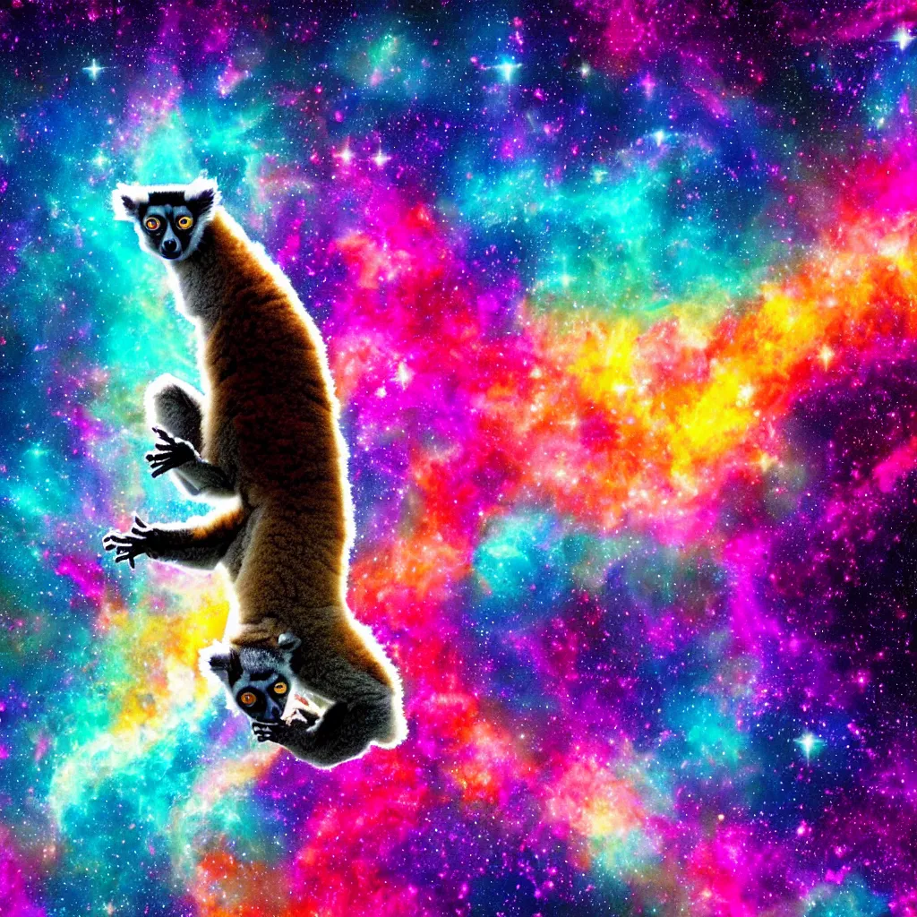 Prompt: a single lemur doing an inspiring yoga pose, abstract cosmos background, kodak ektar, breathtaking digital painting !dream abstract Lemur in inspiring yoga pose in cosmic space with nebula and stars, breathtaking digital art, award winning