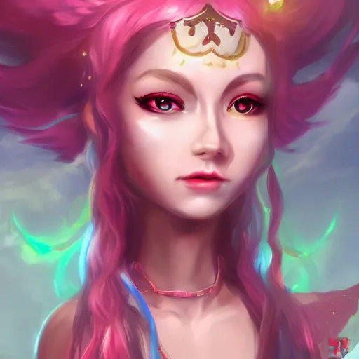 Image similar to a high fantasy portrait of a celestial magical girl, very beautiful, very attractive, trending on artstation, cool color scheme, unreal engine, painted by artgem, deviant art