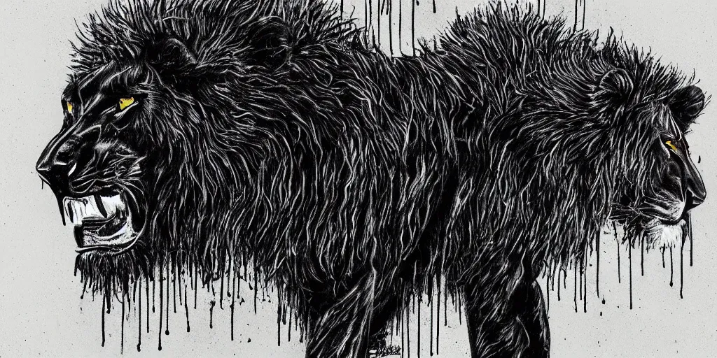 Image similar to the black lioness, made of ferrofluid, in a suburban neighborhood, dripping tar. animal drawing, drawing, environment art