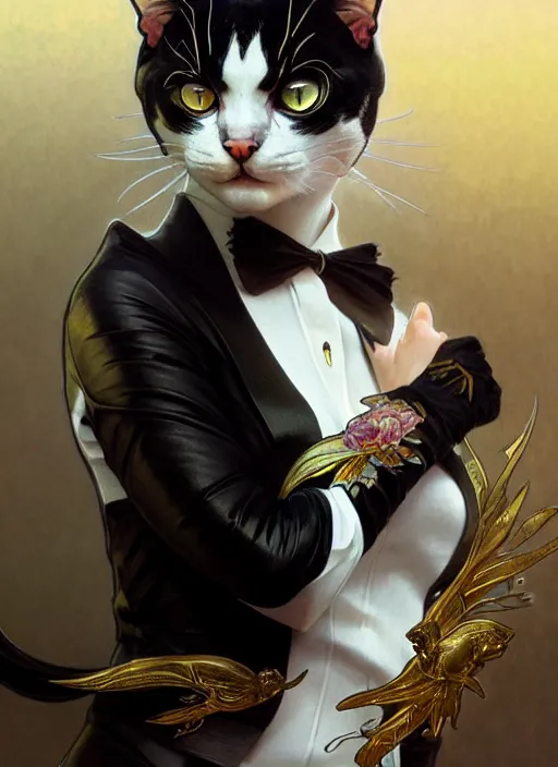Prompt: cat with tuxedo markings, fantasy, intricate, elegant, hyper detailed, ultra definition, photoreal, artstation, unreal engine rendered, concept art, smooth, sharp focus, illustration, art by artgerm and greg rutkowski and alphonse mucha and garis edelweiss