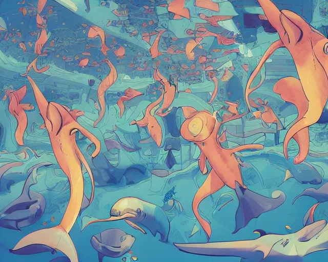 Prompt: a study of cell shaded cartoon of dolphins raving in a nightclub, illustration, wide shot, subtle colors, post grunge, concept art by josan gonzales and wlop, by james jean, Victo ngai, David Rubín, Mike Mignola, Laurie Greasley, highly detailed, sharp focus, alien, Trending on Artstation, HQ, deviantart, art by artgem