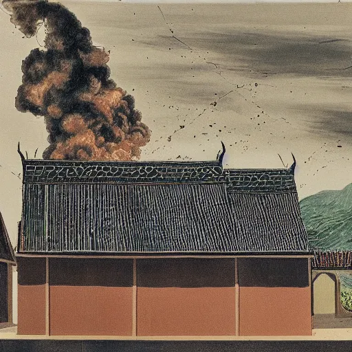 Prompt: painting of structures with tile roofs, and peaked wooden roofs, structures blackened to some degree by a patina of soot. structures darkest at the top, where the ash gathered, but rainwaters and evening condensations had carried the stains over ledges and down walls in an uneven gradient.