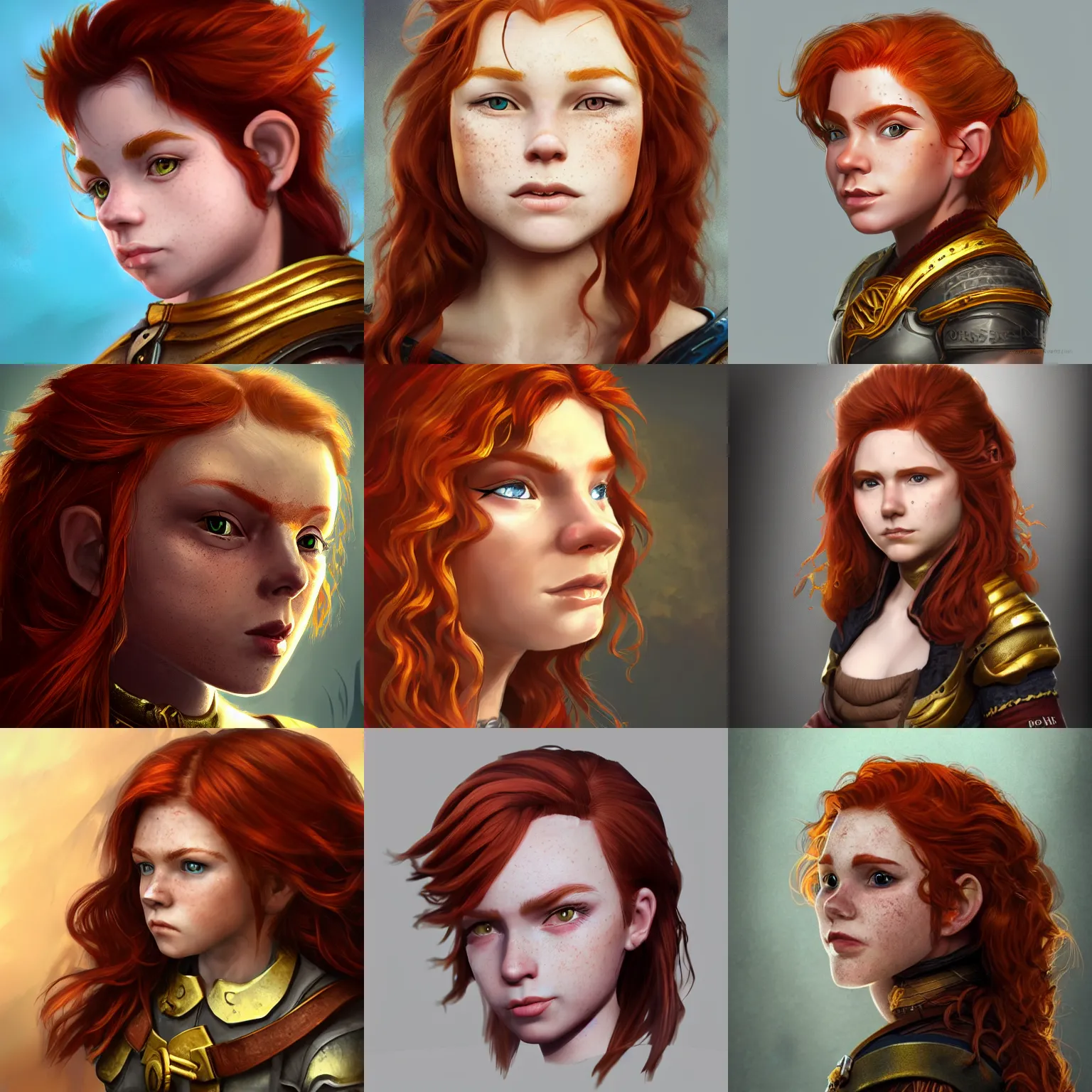 Prompt: a profile picture of a feisty redheaded halfling young woman with freckles like brass scales, wavy shoulder-length hair, gold eyes, headshot, dungeons and dragons, digital art, D&D, artstation