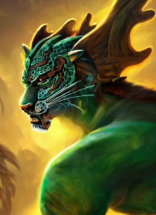 Image similar to a highly detailed illustration of fierce young aztec jaguar warrior boy wearing green jaguar mane, heroic roaring wielding aztec sword pose, muscular, intricate, elegant, highly detailed, centered, digital painting, artstation, concept art, smooth, sharp focus, league of legends concept art, wlop