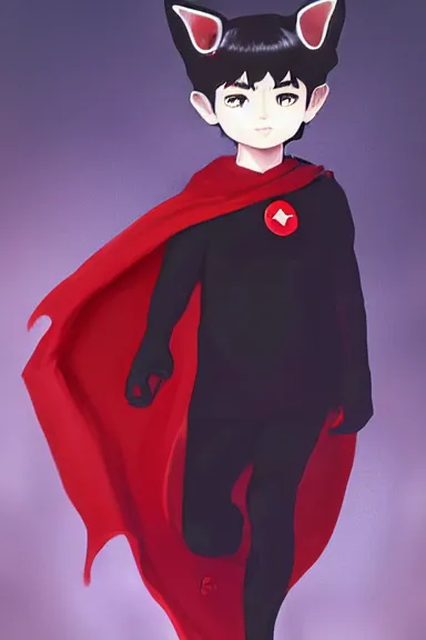 Prompt: little boy with cat ears in an black outfit with red cape. digital painting made by lois van baarle and kentaro miura and marc simonetti, sharpness focus, inspired by hirohiko araki, anatomically correct, heroic composition, hero pose, smooth