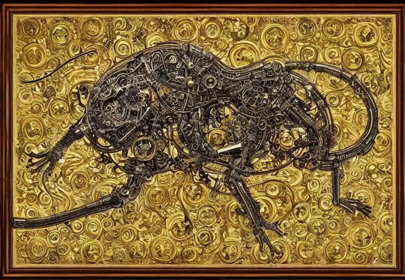 Prompt: schematic blueprint of highly detailed ornate filigreed convoluted ornamented elaborate cybernetic rat, wide wooden frame with gold leaf, art by da vinci