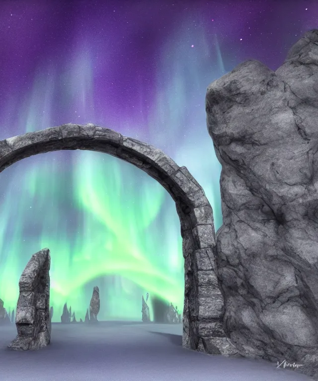 Image similar to portal to another dimension, stone archway, aurora borealis, mysticism, photorealistic, fog, symmetrical