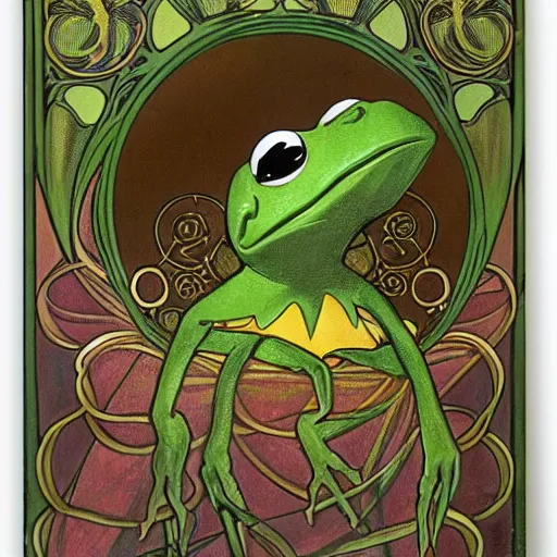 Image similar to a closeup portrait of a young kermit the frog, art nouveau, jugendstil, decorative background, spirals, painted by alphonse mucha