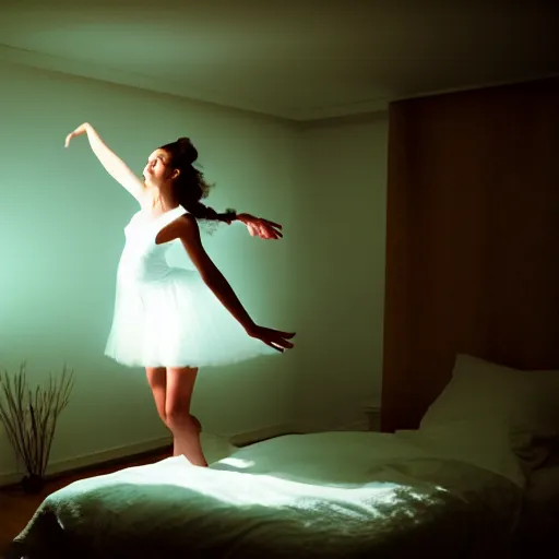 Image similar to cute girl wearing white dancing joyfully in her bedroom at night, cyberpunk lighting, photographed by annie leibovitz