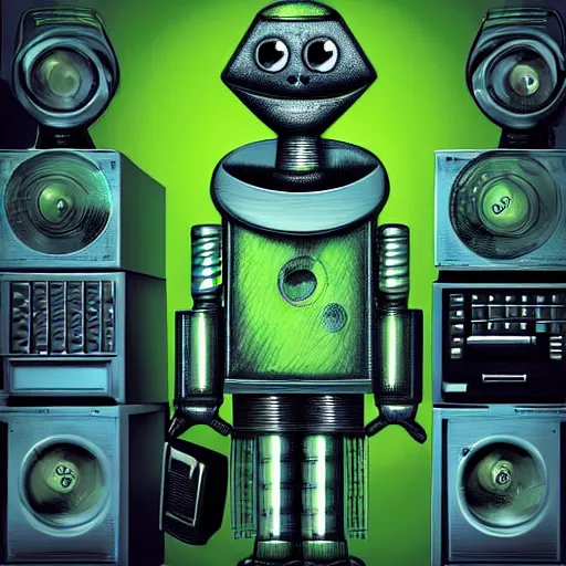 Prompt: marvin white smoth round modern robot with triangular green eyes standing on a pile of old computers with a pen in its hand sci - fi photorealistic