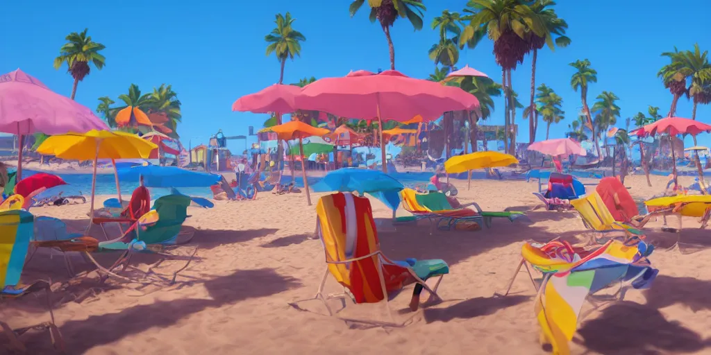 Image similar to a film still of a sunny and colourful beach scene in santa monica, los angelos, top shot, wes anderson, studio ghibli, pixar and disney animation, sharp, rendered in unreal engine 5, anime key art by greg rutkowski, bloom, dramatic lighting