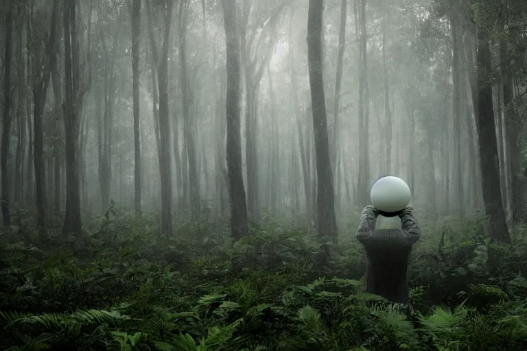 Image similar to a tourist visiting a complex organic fractal 3 d ceramic sphere floating in a lush forest, foggy, cinematic shot, photo still from movie by denis villeneuve