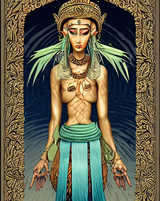 Image similar to androgynous non - human goddess of terrible forbidden knowledge by frank frazzetta