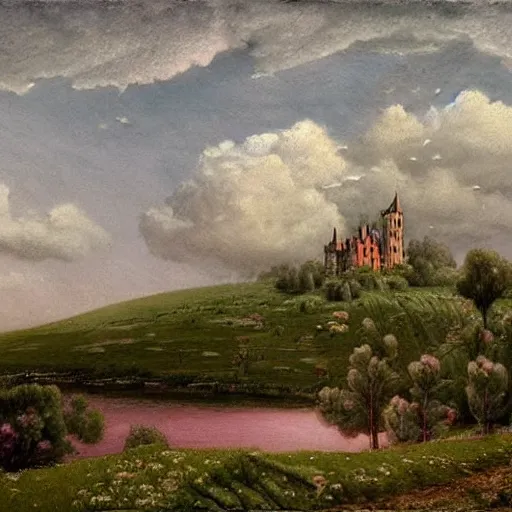 Prompt: A beautiful drawing of a castle in the clouds. rose quartz by Andrea Kowch, by Charles-Francois Daubigny daring