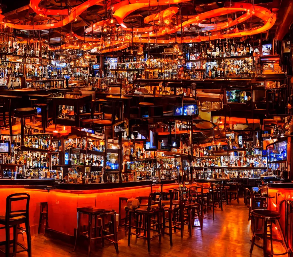 Image similar to a full shot of an entire bar restaurant with orange lighting, nighttime