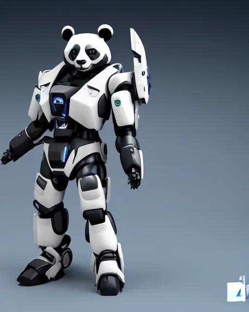 Image similar to futuristic panda mecha, azure details, panda armor, 8 k hd resolution, barbatos gundam, bandai box art, zoids, makoto kobayashi, frank gehry, raymond swanland, unreal engine 5, octane render, cgi,