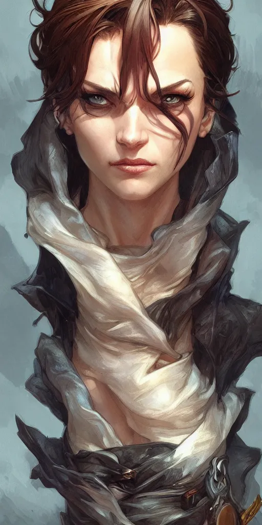 Prompt: portrait of a vigilante, rogue thief, D&D, fantasy, highly detailed, beautiful face, realistic body structure, digital painting, artstation, smooth, sharp focus, illustration, art by artgerm and greg rutkowski and alphonse mucha