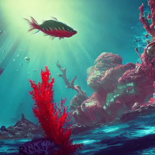 Image similar to underwater view of a strange alien world, some washed out red and green plant life, small alien fish swimming in the background, deep blue sea color, artstation