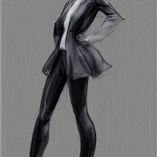 Prompt: a perfect, realistic professional digital sketch of a Japanese young business lady posing, in style of Marvel, full length, by pen and watercolor, by a professional American senior artist on ArtStation, a high-quality hollywood-style sketch, on high-quality paper