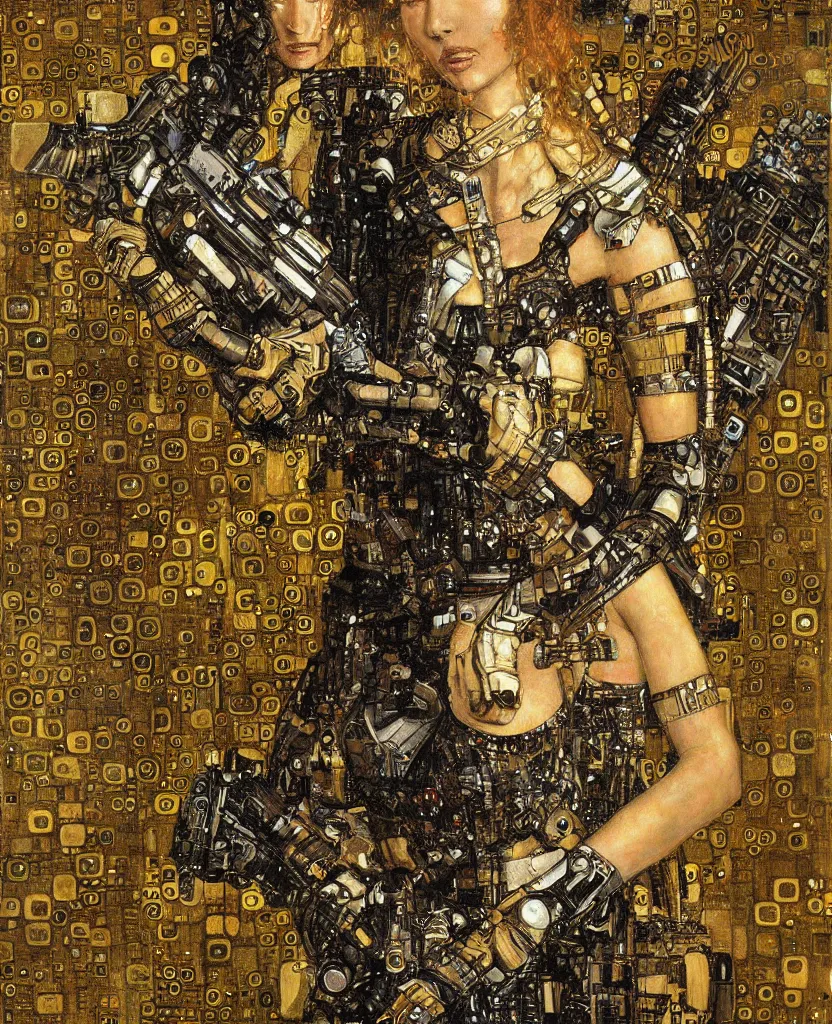 Image similar to cybernetic female supersoldier armed with laser rifle, intricate detail, klimt, royo, whealan,