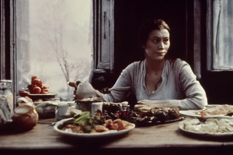 Image similar to soviet movie still a soviet woman sitting at a table next to the window with food, dark warm light, a character portrait by margarita terekhova, movie stalker solaris film still by andrei tarkovsky, 8 k, 1 9 8 4, close - up bokeh, gelios lens, color, noir