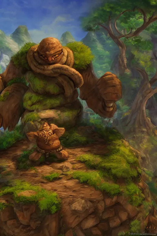 Image similar to zelda fantasy art giant golem troll wood rock, global illumination ray tracing hdr fanart arstation by sung choi and eric pfeiffer and gabriel garza and casper konefal