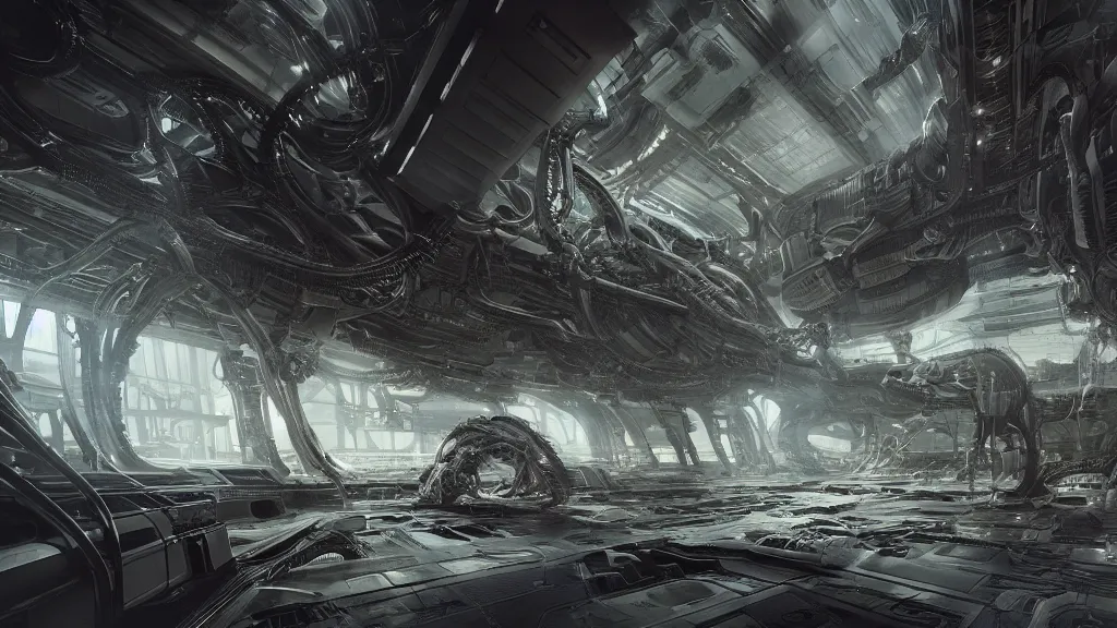 Image similar to a Photorealistic dramatic hyperrealistic,hyper detailed render by Greg Rutkowski,Craig Mullins of an Epic Sci-Fi, Gigantic Alien xenomorph spaceship inside huge interior hangar,intricate bio mechanical surface details,many tubes and cables hanging from the ceiling by,ILM,Beautiful dynamic dramatic moody lighting,Volumetric,Cinematic Atmosphere,Octane Render,Artstation,8k