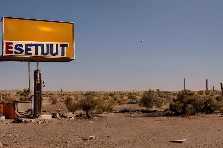 Image similar to an abandoned gas station in the desert, huge rusty sign in the foreground and a planet like Saturn with dust rings in the background, sunny day, wind and dust, low angle, 4k, ultra details, cinematic, epic style, beautiful photo, hyper realistic, octane render, unreal engine, award winning, on artstation, volumetric lightning, masterpiece, golden hour,