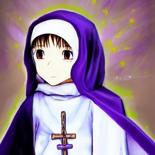 Image similar to little boy wearing nun outfit. purple and black color palate, detailed soft painting, made in abyss art style, inspired in hirohiko araki