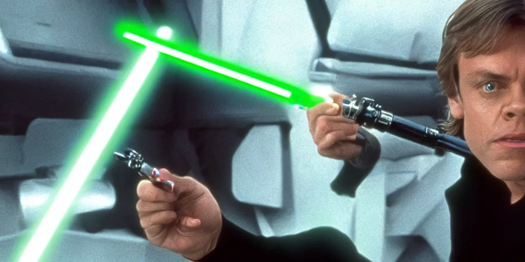 Prompt: a still from a film featuring clean shaven mark hamill as jedi master luke skywalker, holding a green lightsaber by the hilt, 3 5 mm, directed by steven spielberg, 1 9 9 4