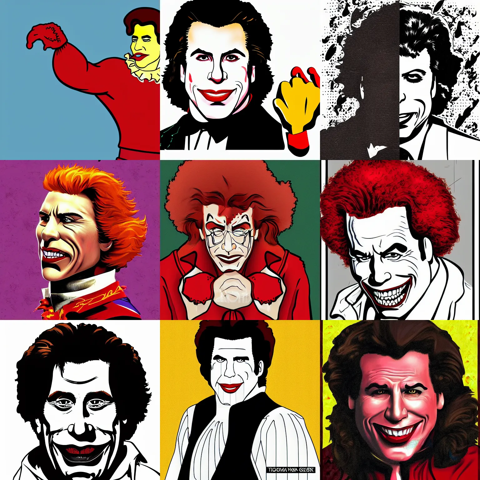 Prompt: john travolta is ronald mcdonald the vampire drawn by todd mcfarlane, digital art, studio portrait