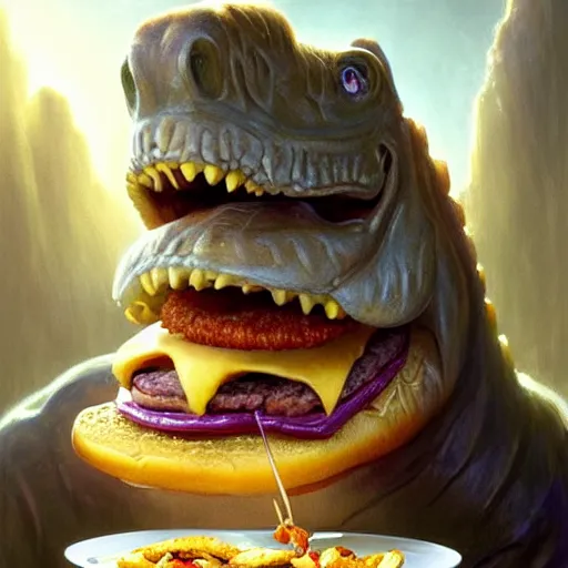 Image similar to portrait of barney the dinosaur eating hamburgers, extra onions and ketchup, luscious patty with sesame seeds, ethereal, handsome, d & d, fantasy, intricate, elegant, highly detailed, digital painting, artstation, concept art, matte, sharp focus, illustration, art by artgerm and greg rutkowski and alphonse mucha