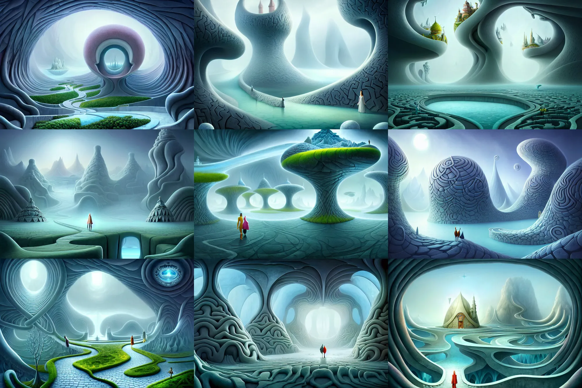 Prompt: a matte painting of an impossible path winding through arctic dream worlds with surreal architecture designed by heironymous bosch, structures inspired by heironymous bosch's garden of earthly delights, surreal ice interiors by cyril rolando and asher durand and natalie shau, insanely detailed, whimsical, intricate, mysterious
