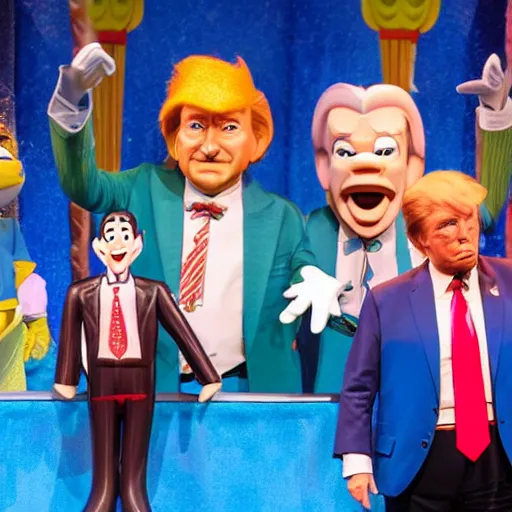 Image similar to three puppets inside the its a small world ride at disneyland that look like donald trump and greg abbott and ron desantis, highly detailed, high definition, ultra realistic